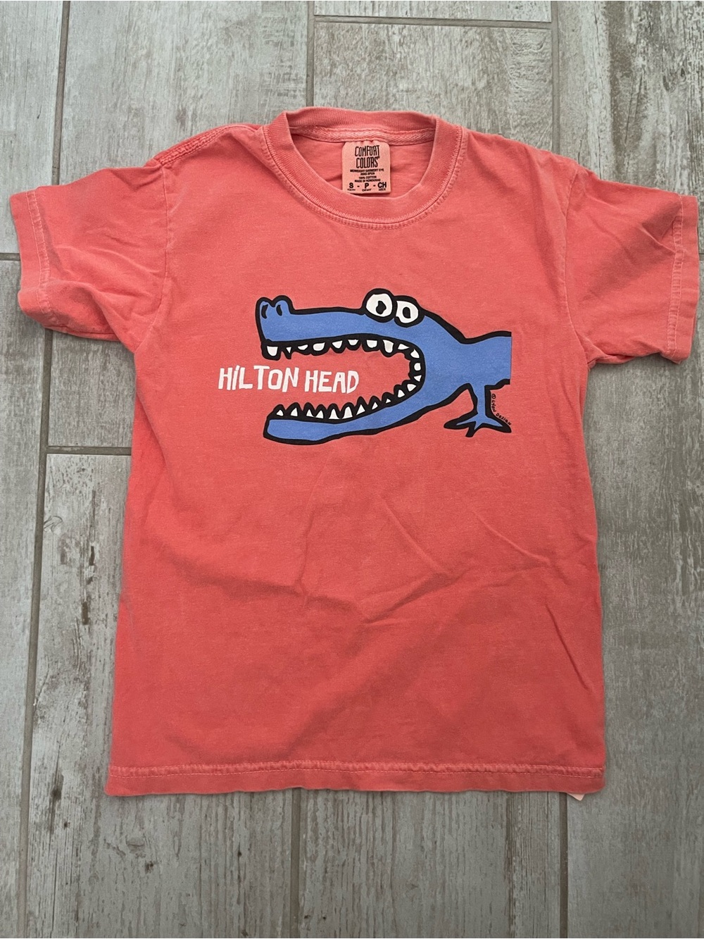 Comfort Colors Coral Kids Tee with Blue Crocodile Graphic